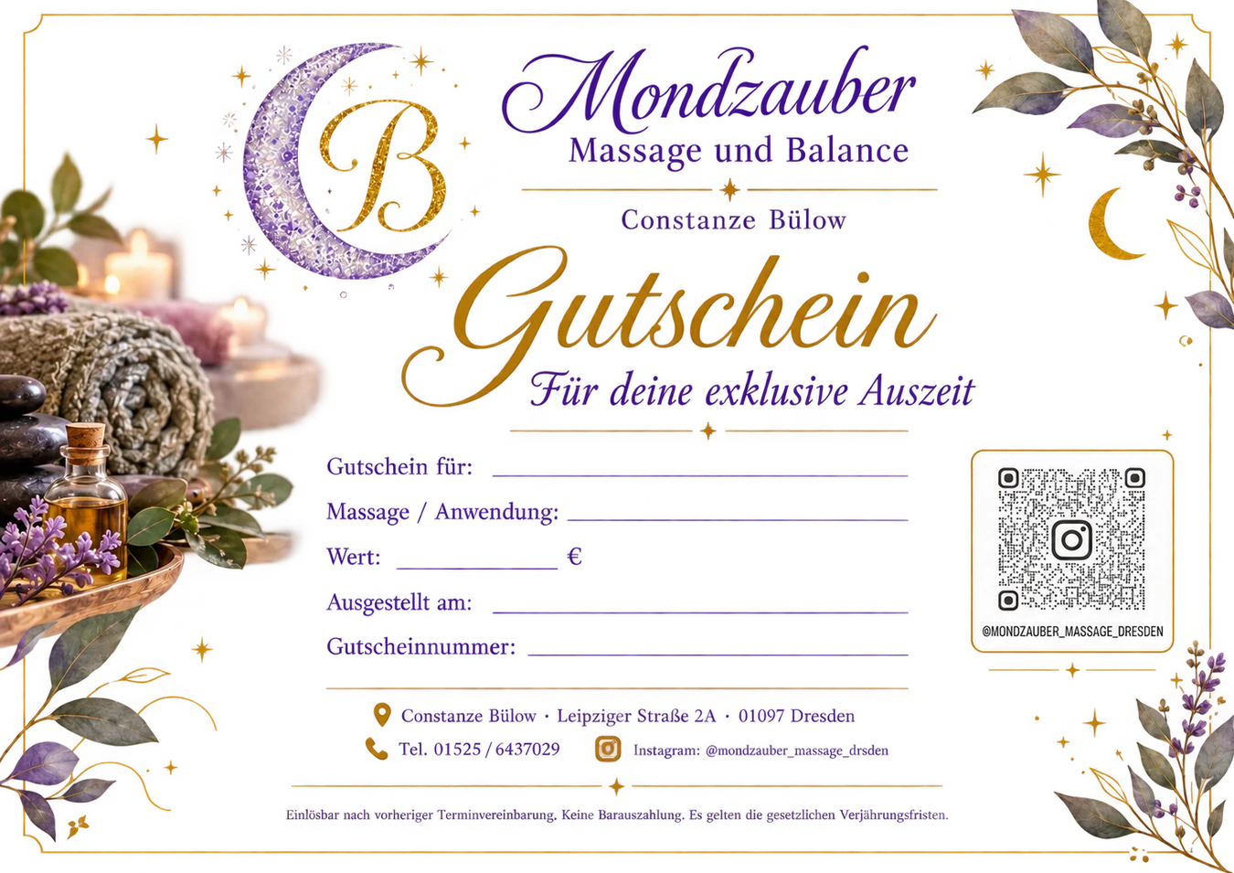 Original Mondzauber-Gutschein mit Mond, goldenen Ornamenten und Instagram-QR-Code